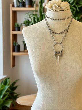 Silver Layered Spike Pendant Necklace
